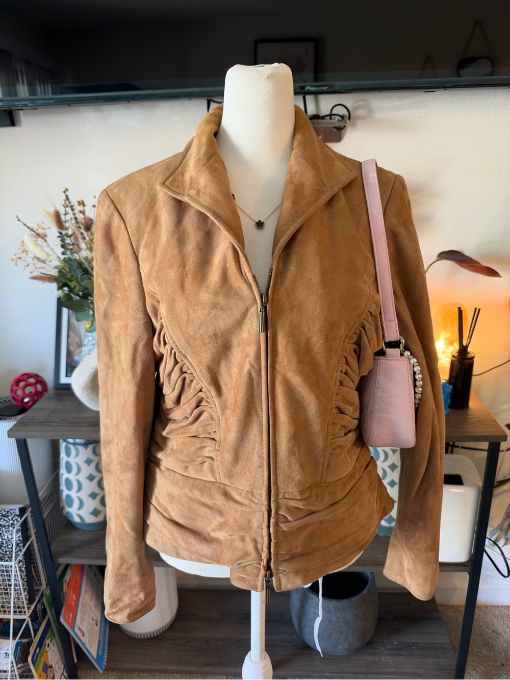 Vintage Anne Klein New York 100% Suede Ruched Double Zip Jacket - PL